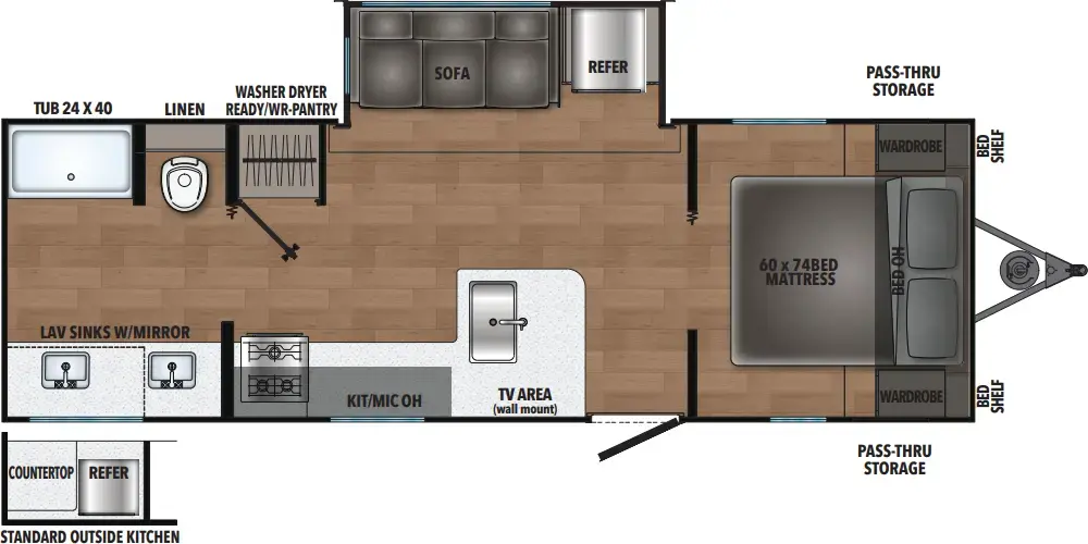 The Shasta I-5 Edition & Compact 526RBS floorplan has one entry and one slide out. Exterior features include: metal exterior and outside kitchen. Interiors features include: front bedroom and rear bathroom.